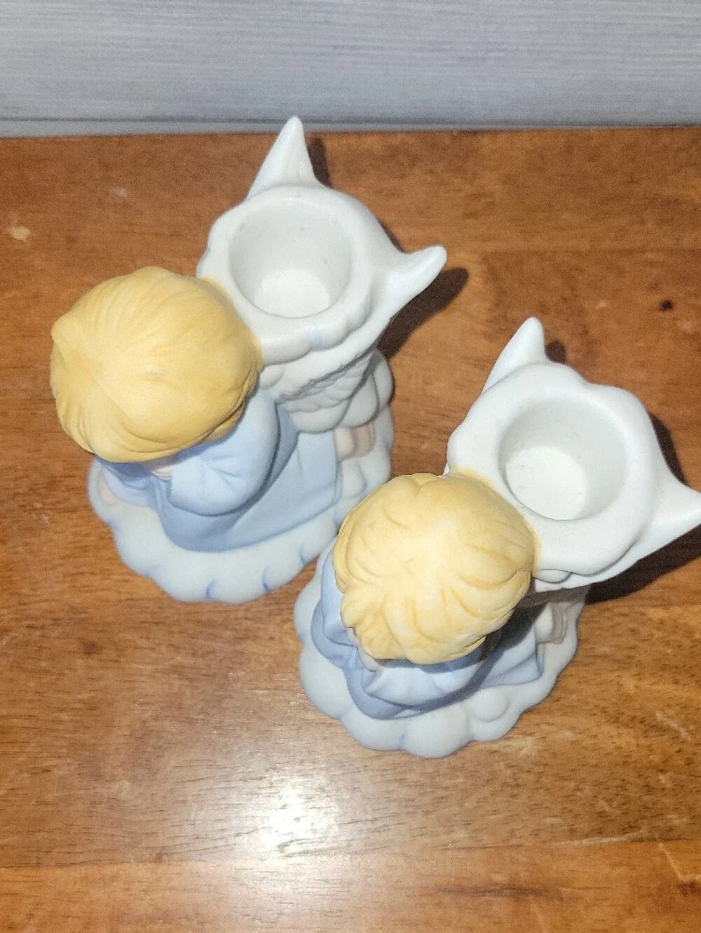 Porcelain Praying Angel Figurines Pair in Light Blue Candle Holders